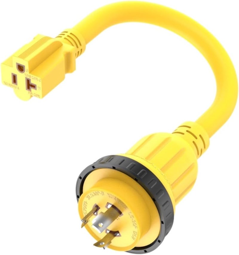 ADCAUDX 1FT 30-Amp to 15-Amp Marine-Shore Power-Adapter NEMA L5-30P to 5-15/20R,10AWG 30Amp to 20Amp T Blade Marine Adapter Plug,Twist Lock 125V 30A to 20A/ 15A Household Outlet Pigtail Boat - Image 1